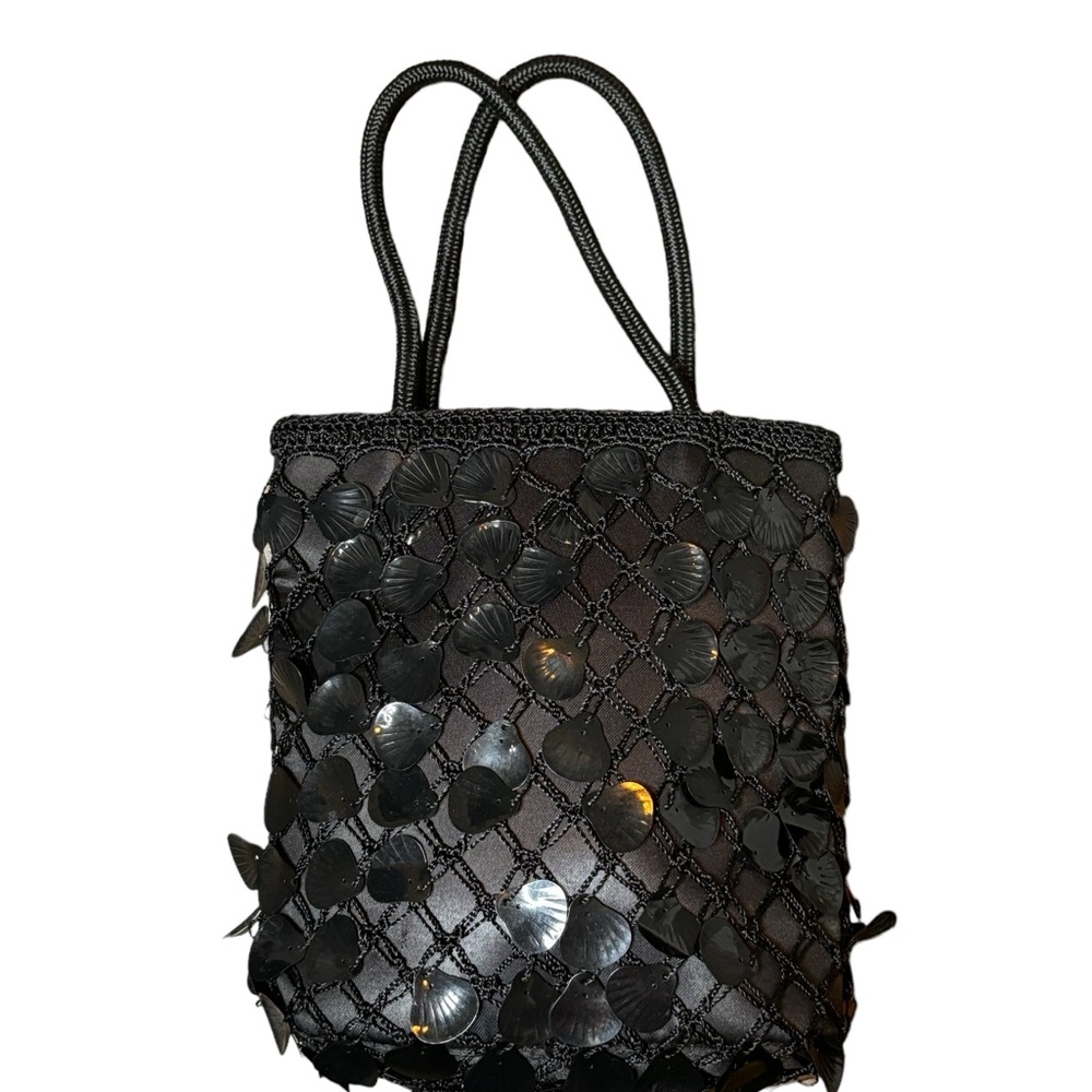 Small‎ crochet/satin bag with hanging plastic shells. In excellent condition